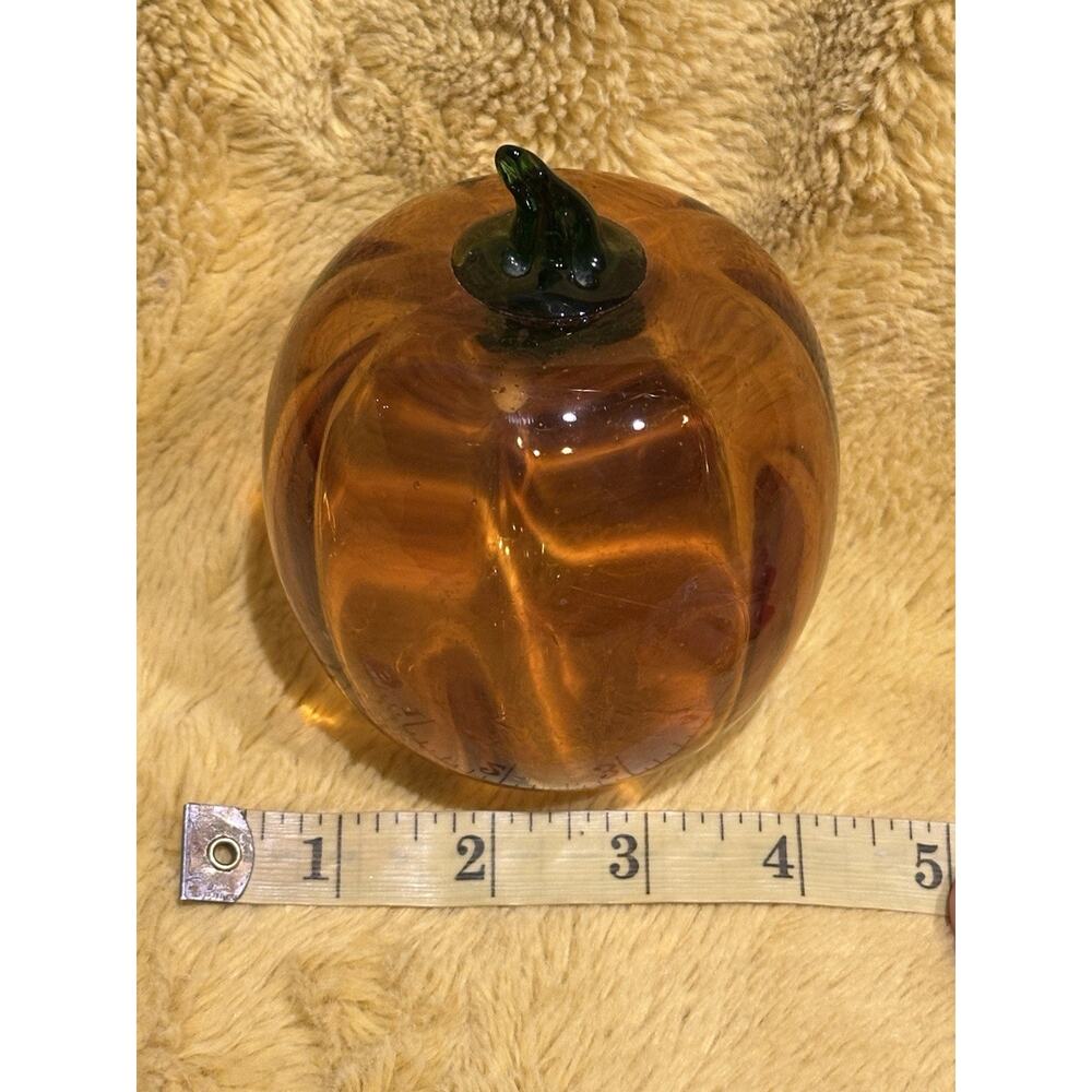 Blenko Hand Blown Pumpkin Optic Glass Topaz 6.5 in w/Green Stem Halloween /Fall - Picture 6 of 7